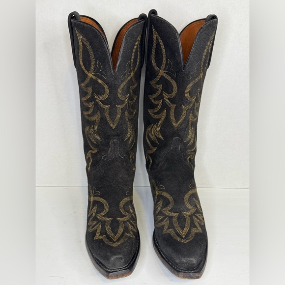 Lucchese Black Distressed Leather Pointed Toe Cowboy Boots Sz 71/2. - Picture 1 of 10